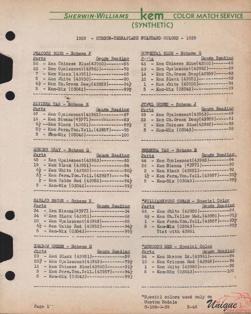 1939 Hudson Paint Charts Williams 3
